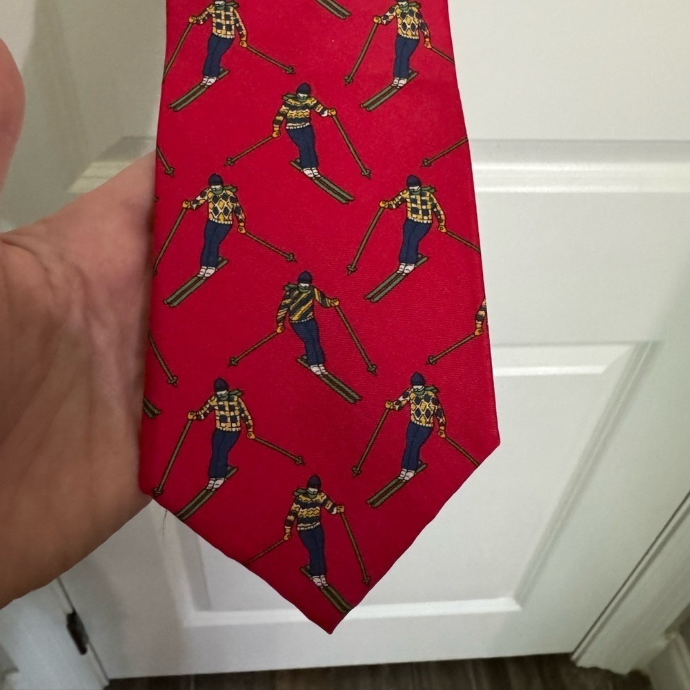 Red Silk Tie with Whimsical Ski Design
